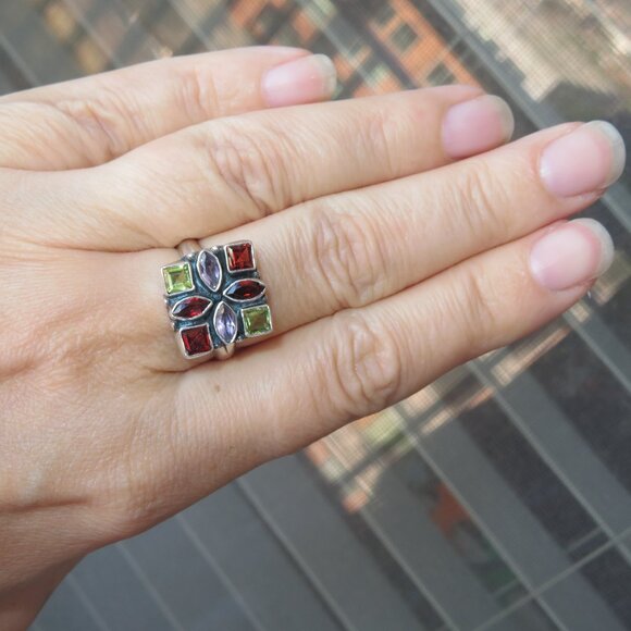 Natural Garnets Amethysts Peridots In Sterling Silver Mosaic Ring. Size 8.25 - Picture 16 of 17